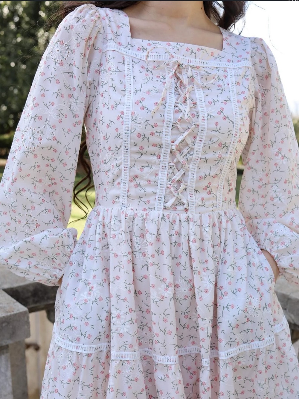 Rosette Whimsy PKC Collection Floral Lace-Up Square Neck Midi Dress